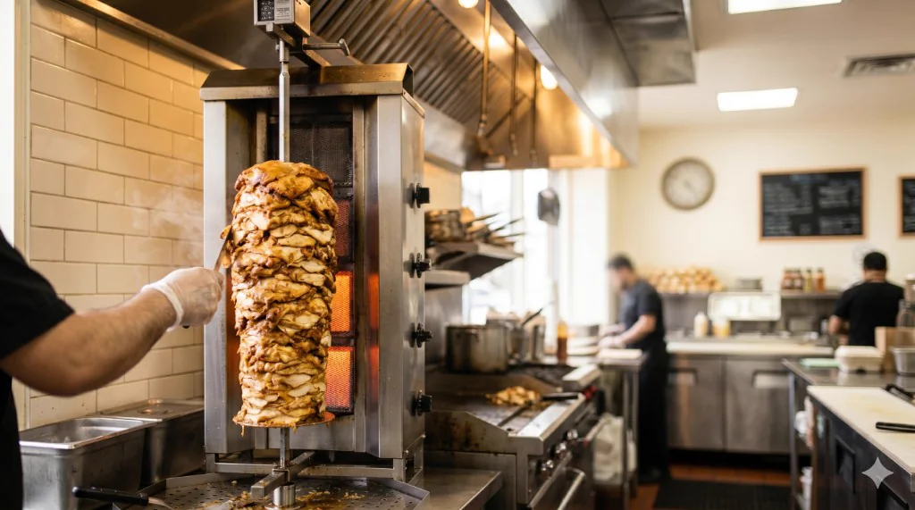 Chef slicing shawarma from the rotisserie at Al Balad Deli